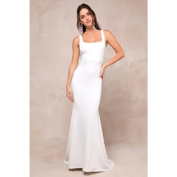NWT Lulus Loving Fate White Bow Square Neck Backless Maxi Dress Wedding Bride M - Picture 4 of 11
